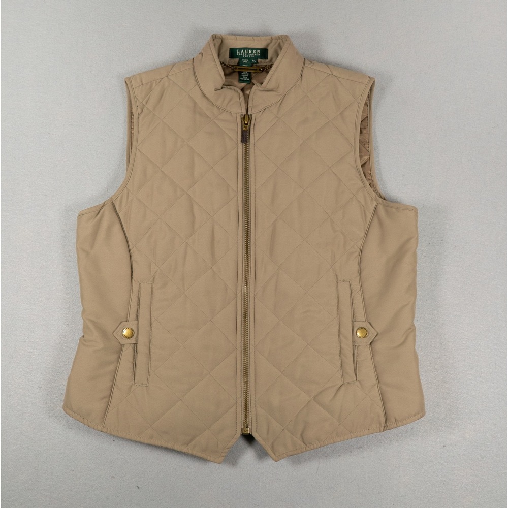 Lauren Ralph Lauren Womens Petite Quilted Vest Diamond Pattern Tan Khaki P/L